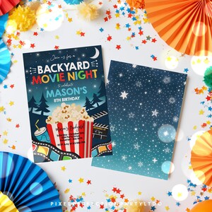May include: A rectangular invitation card for a backyard movie night birthday party featuring a popcorn bucket, film strip, and starry night sky. The text reads: Join us for a BACKYARD MOVIE NIGHT to celebrate MASON'S 8TH BIRTHDAY. Includes event details.