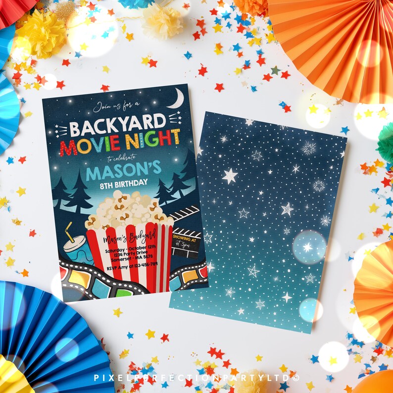 May include: A rectangular invitation card for a backyard movie night birthday party featuring a popcorn bucket, film strip, and starry night sky. The text reads: Join us for a BACKYARD MOVIE NIGHT to celebrate MASON'S 8TH BIRTHDAY. Includes event details.