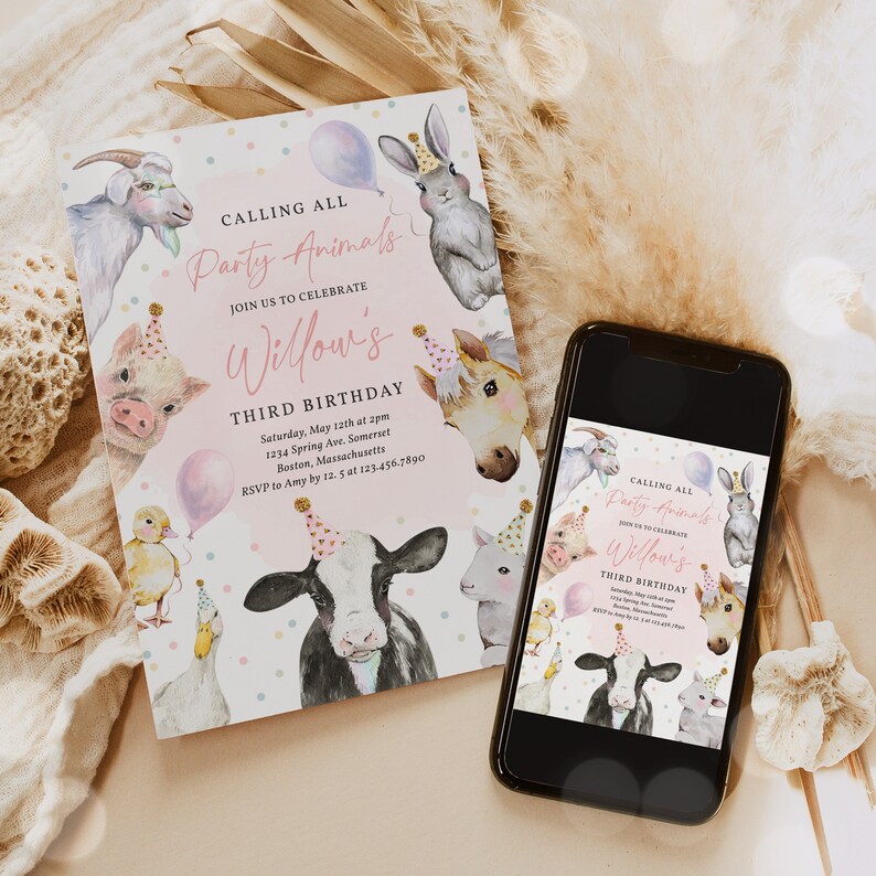 May include: A pink and white invitation with a watercolor illustration of farm animals wearing party hats. The text reads "Calling all Party Animals, Join us to celebrate Willow's Third Birthday".