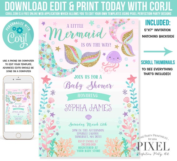 Mermaid Baby Shower Invitation Little Mermaid Baby Shower Invitation Whimsical Under The Sea Shower Instant Download Editable PDF File 3C Il_570xn
