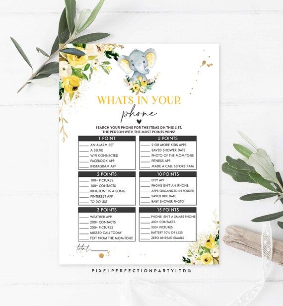 Elephant Whats In Your Phone Game Pink Floral Elephant Whats In Your Cell Phone Game Elephant Baby Shower Game Instant download PE Il_570xn