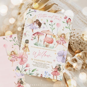 May include: A whimsical invitation with a fairy theme. The design features illustrations of fairies, mushrooms, flowers, and the text "Flutter and Twirl". The invitation is for a birthday party, with the name "Willow" and party details.