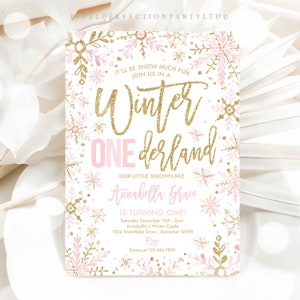 Editable WINTER ONEderland Invitation Pink And Gold Snowflakes Winter ONEderland Invitation Winter 1st Birthday Party Instant Download DE