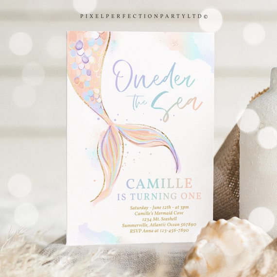 Editable Mermaid Oneder the Sea 1st Birthday Invitation Peach