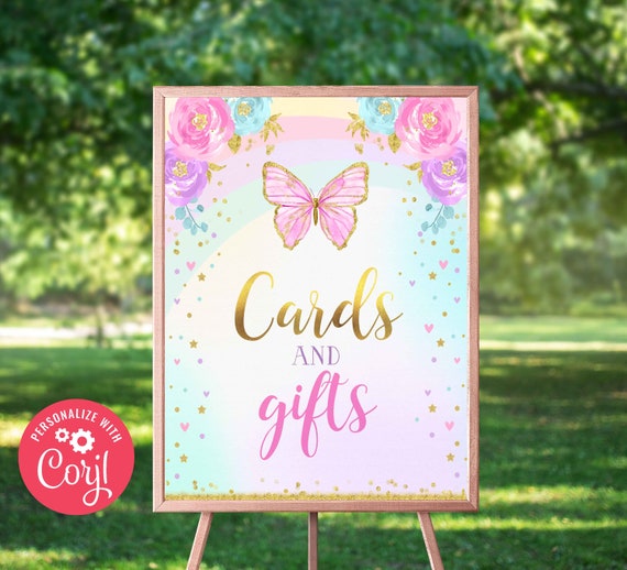 Butterfly Party Sign Butterfly Cards And Gifts Sign Pink And Gold Floral Butterfly Birthday Party Instant Download BB Il_570xn