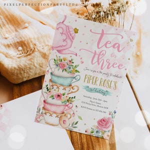 Editable Tea For Three Birthday Invitation Tea For Three 3rd Birthday Party Pink Gold Floral Whimsical Tea Party Instant Download TR image 4