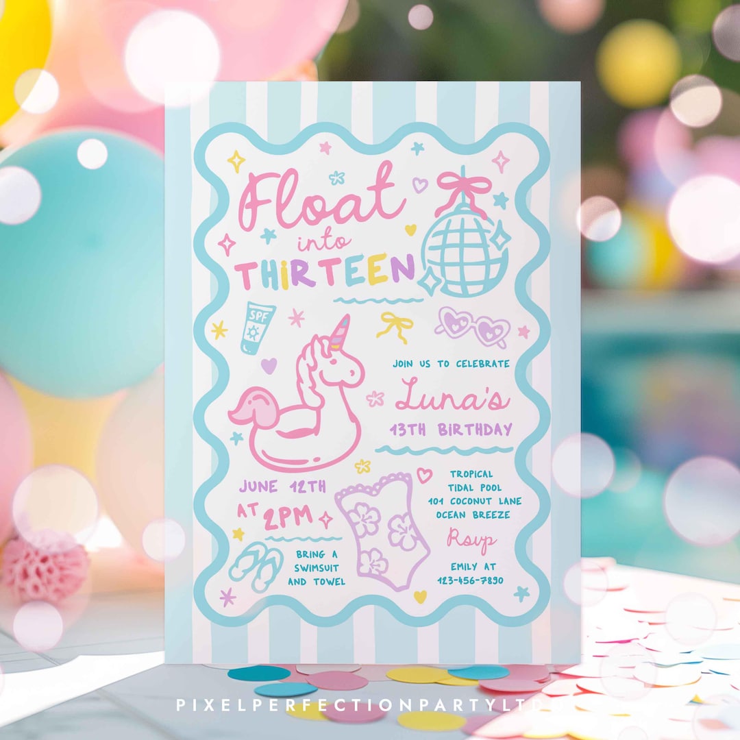 Editable Float Into Thirteen 13th Birthday Pool Party Invitation Summer ...