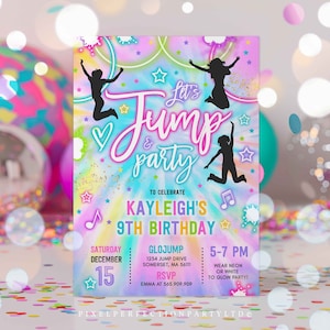 Puede incluir: Una invitaci&oacute;n colorida para una fiesta de cumplea&ntilde;os n&uacute;mero 9 con un fondo tie-dye. La invitaci&oacute;n dice "Let's Jump & Party" e incluye el nombre Kayleigh. La fiesta es en GloJump el 15 de diciembre de 5 a 7 PM. Se les pide a los invitados que usen ne&oacute;n o blanco para la fiesta de ne&oacute;n.