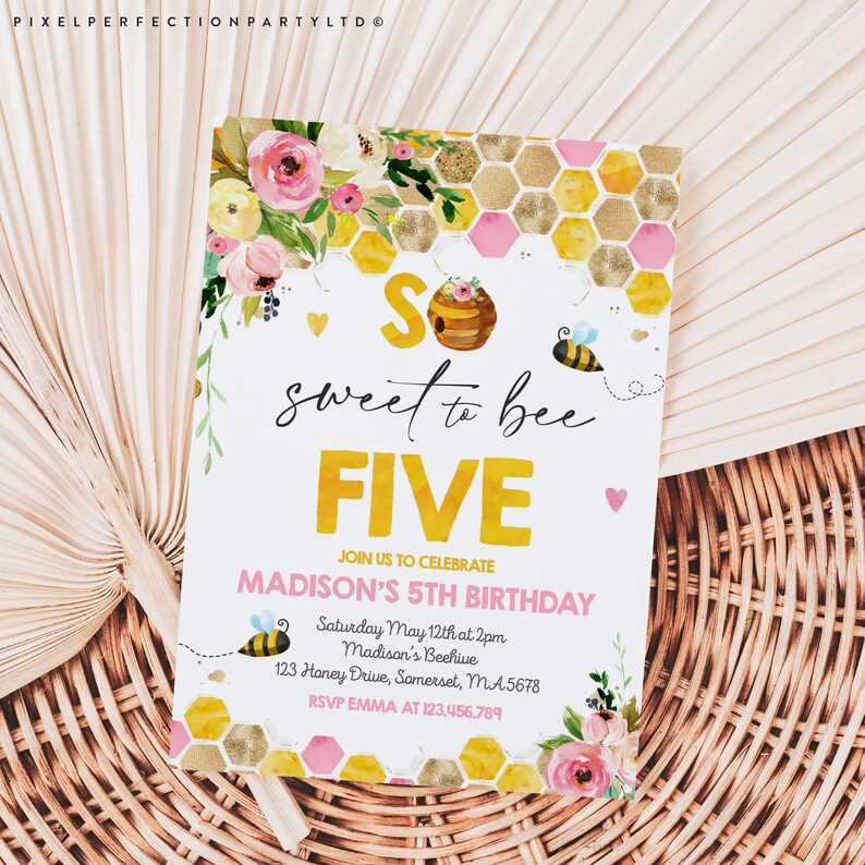 Editable Bee Birthday Invitation Honey Bee Birthday Party Pink Yellow Floral Bumble Bee Party So Sweet To Bee Five Party Instant Download BH image 3