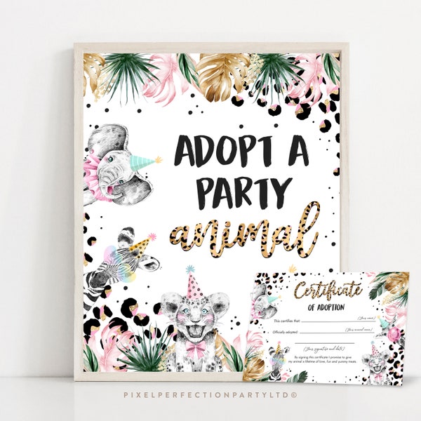 Adopt An Party Animal Adoption Certificate Safari Adoption Certificate & Sign Set Animals Adoption Certificate Sign Instant Download 4ER