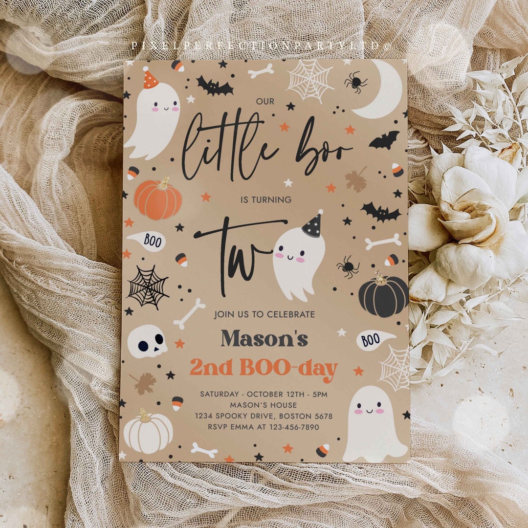 Editable Little Boo 2nd Birthday Party Invitation Cute Blue Halloween ...