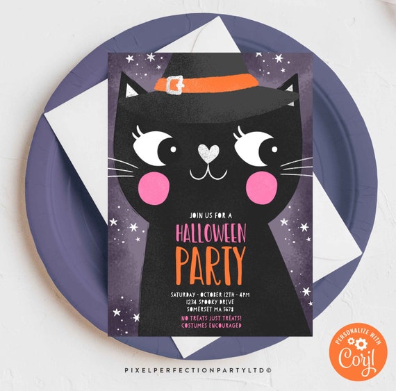 Editable Halloween Pink Cute Cat Invitation Spooky Witches Cat Halloween Invite Kids Cute Spooktacular Halloween Party Instant Download HC Il_570xn