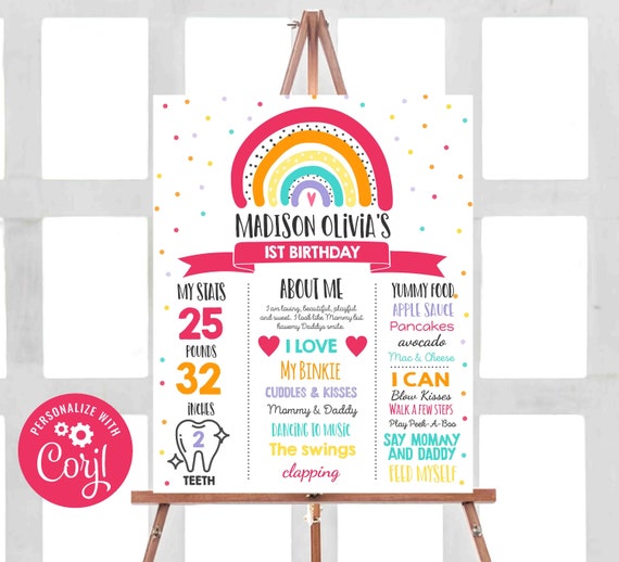 Editable Rainbow Birthday Milestone Poster Rainbow Birthday Stats Poster Modern Bright Colorful Rainbow 1st Birthday Instant Download RM Il_570xn