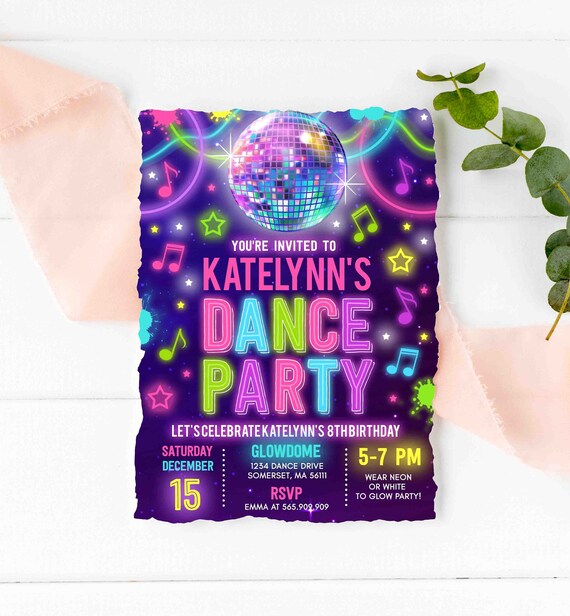 Editable Dance Party Invitation Glow Dance Party Birthday Invitation Neon Glow Disco Party Glow Dance Disco Party Instant Download Corjl GD Il_570xn
