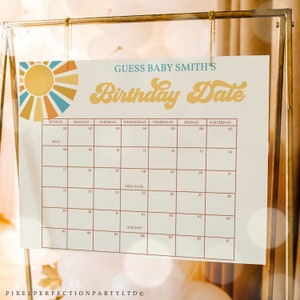 Editable Sunshine Baby Shower Due Date Calendar Game Retro Groovy Boy Sunshine Baby's Birth Date Game Decoration Sign Instant Download S7