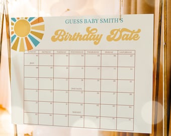 Editable Sunshine Baby Shower Due Date Calendar Game Retro Groovy Boy Sunshine Baby's Birth Date Game Decoration Sign Instant Download S7