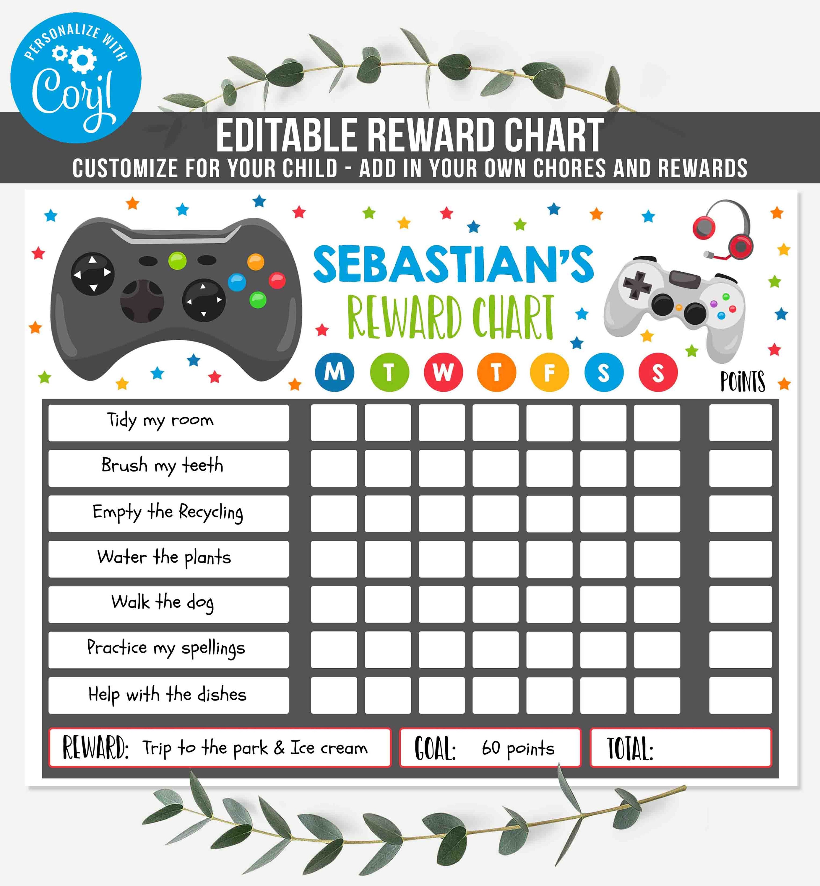 Editable Video Game Reward Chart Video Game Kids Chore Chart