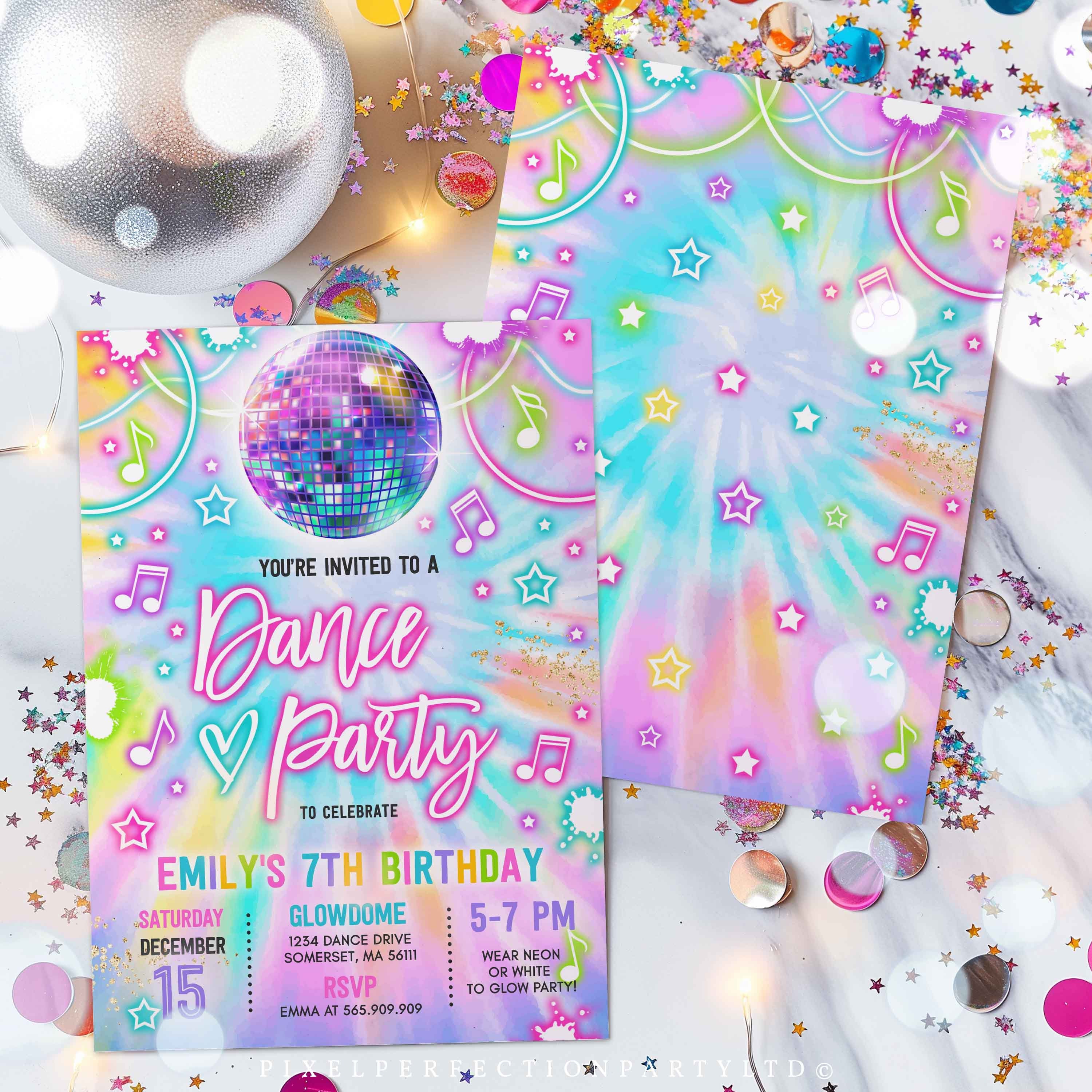 Editable Dance Party Invitation Tie Dye Dance Party Invitation Glow Tie ...