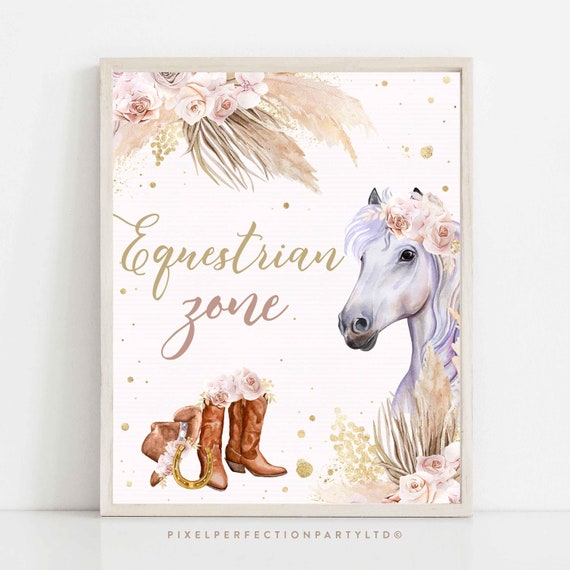 Cowgirl Birthday Equestrian Zone Party Sign Boho Muted Pink Horse Party