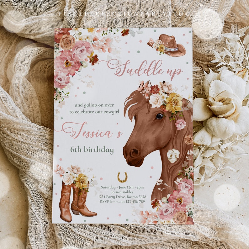 Editable Cowgirl Birthday Invitation Horse Birthday Party Etsy UK