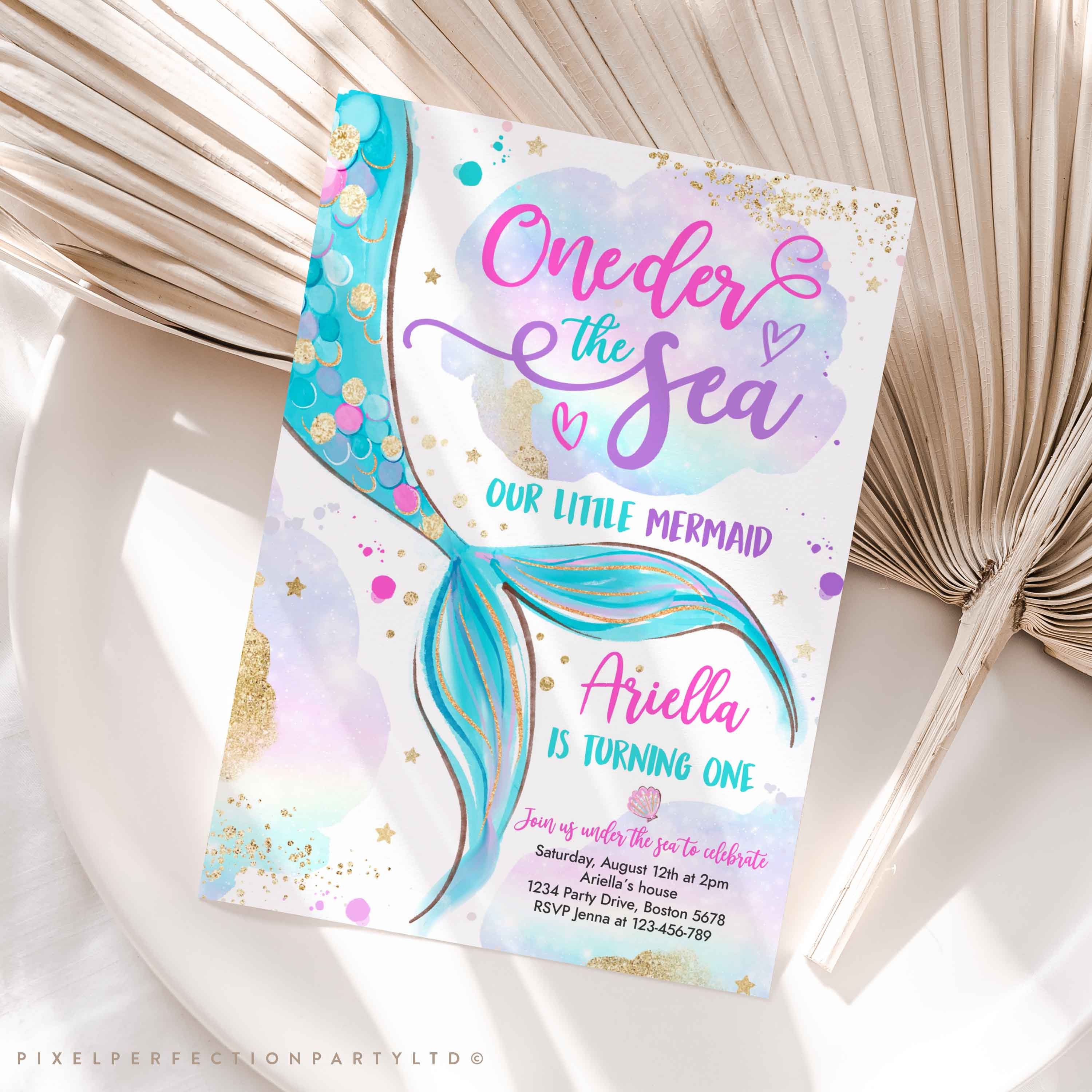 Editable Mermaid Oneder the Sea 1st Birthday Invitation Mermaid 1st  Birthday Party Pink Gold Whimsical Mermaid Birthday Instant Download UH 