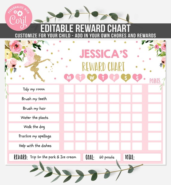 Editable Fairy Reward Chart Floral Fairy Kids Chore Pink Gold Floral Kids Chore Chart Routine Chart Responsibility Chart Instant Download Il_570xn
