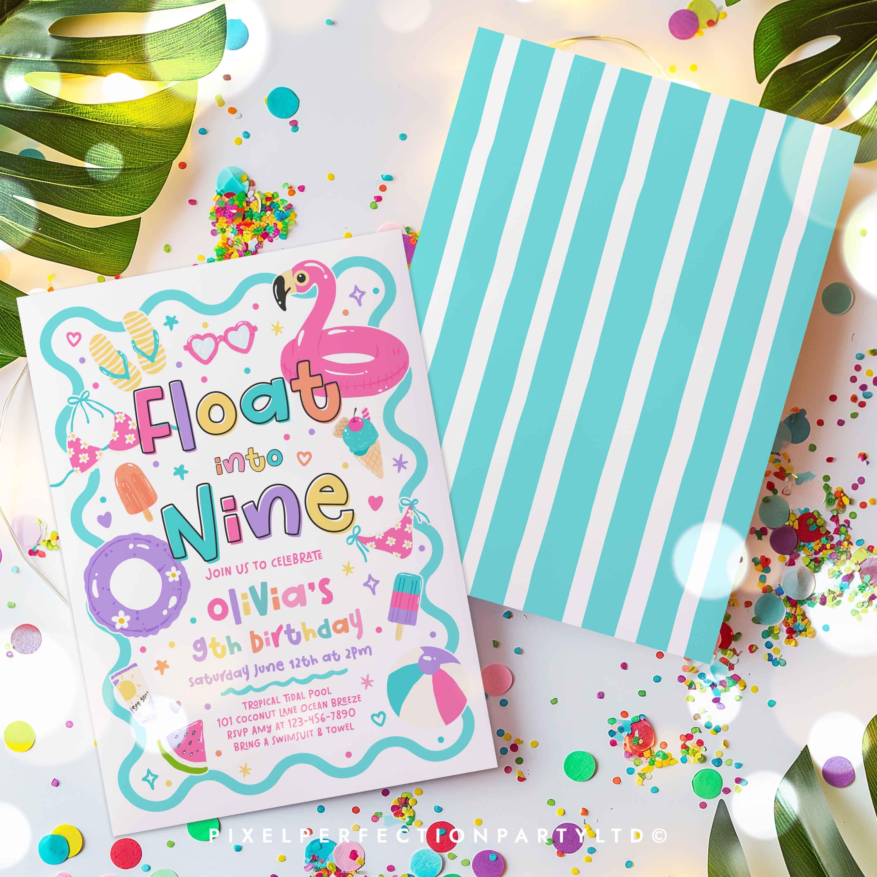 Floating Invite Editable Float Into Nine Pool Party Birthday Invitation, 9th Birthday ...