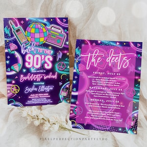 May include: A neon pink and purple invitation with a 90s theme for a bachelorette weekend. The invitation features a disco ball, a boombox, and a peace sign. The text on the invitation reads "Back to the 90's" and "The Deets".