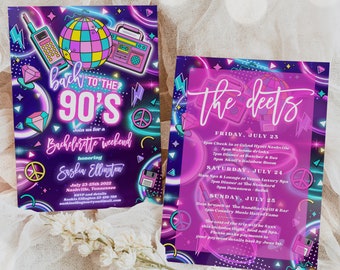 Editable 90s Bachelorette Weekend Invitation And Itinerary Back To The 90s Neon Retro Rewind 1990s 2000s Y2K Bachelorette Instant File Y7