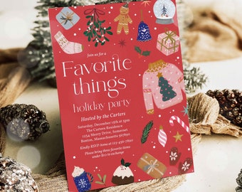 Op de afbeelding: Rode kerstfeestuitnodiging met illustraties van winterse kerstversiering zoals een peperkoekman, een sneeuwbol, een kersttrui en mistletoe. De tekst luidt "Doe mee met een favoriete dingen kerstfeest Georganiseerd door de Carters Zaterdag 15 december om 17:00 uur De residentie van de Carters 1234 Merry Drive, Somerset Boston, Massachusetts 567890 Graag RSVP Anna op 123-456-7890 Breng drie favoriete items mee onder € 10 om te ruilen"