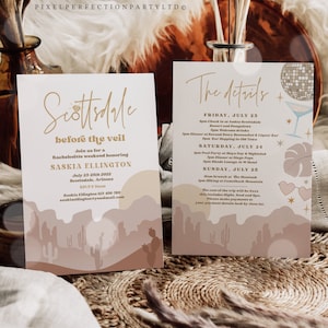 Editable Scottsdale Before The Veil Bachelorette Weekend Invitation & Itinerary Arizona Desert Disco Bachelorette Instant Download GTY