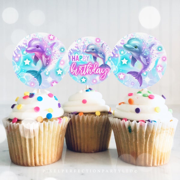 Dauphin Birthday Party Cupcake Toppers Tie Dye Neon Glow Rainbow Dolphin Under The Sea Party Sticker Tag Topper Decor Téléchargement instantané KD