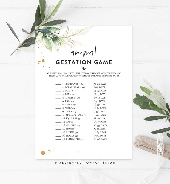 Greenery Animal Gestation Game Greenery And Gold Animal Game Animal Pregnancy Game Baby Shower Party Activities Games Instant Download BG Il_570xn
