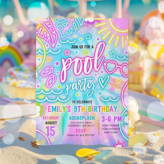 Editable Pool Party Birthday Invitation Glow Neon Tie Dye Summer