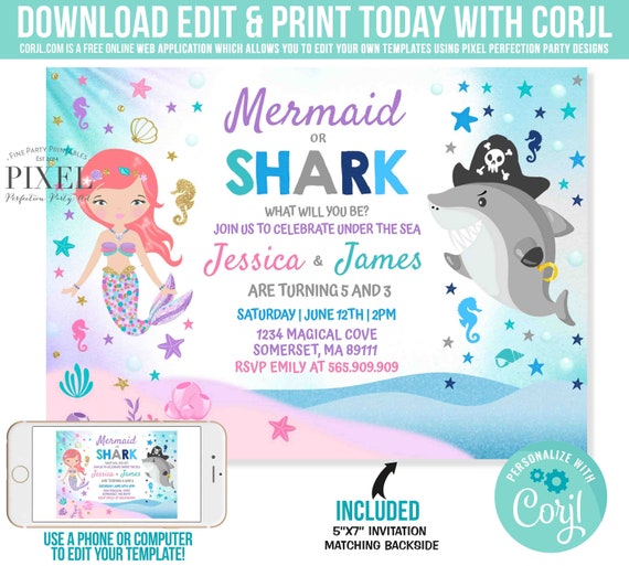Mermaid And Shark Invitation Mermaid Or Shark Birthday Invite Sibling Girl Boy Birthday Mermaid Shark Party Instant Download Editable PDF K6 Il_570xn