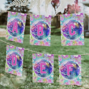 Editable Dance Birthday Party Spell Anything A-Z Banner Tie Dye Dance Glow Neon Dance Party Favor Disco Dance Party Instant Editable File Y1