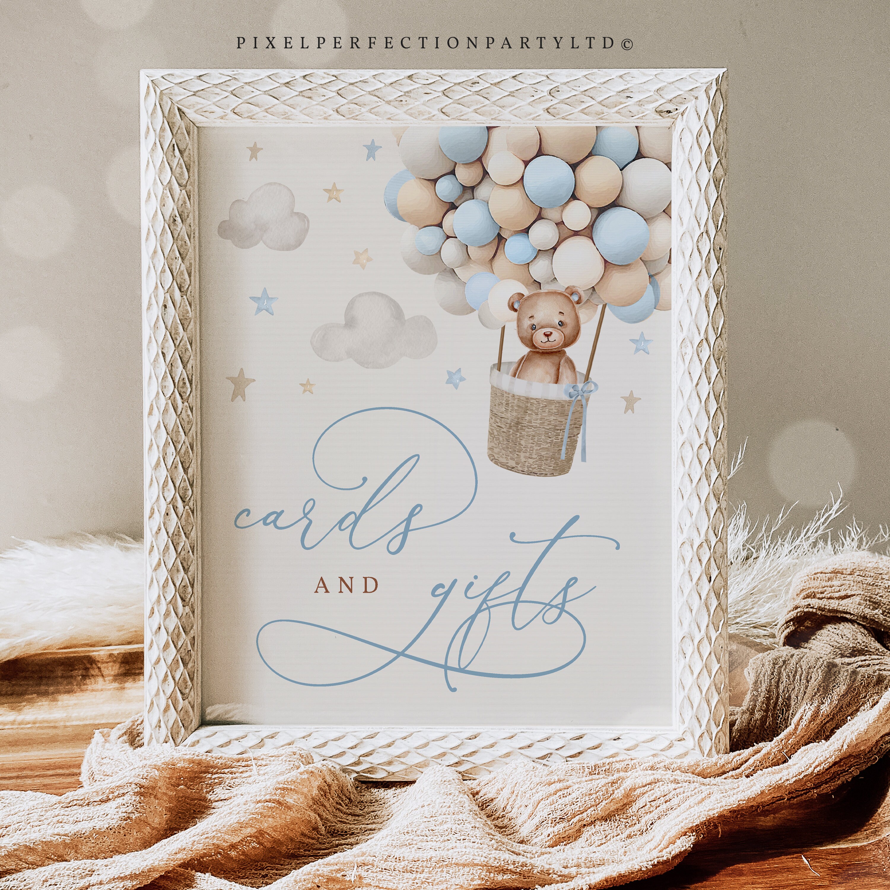 Teddy Bear Hot Air Balloon Baby Shower Cards and Gifts Sign Boy Blue ...