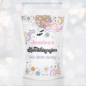 Editable Spooky Halloween Ghost Birthday Juice Pouch Labels Retro Groovy Rainbow Ghost Birthday Hippie Halloween Party Instant Download 45G