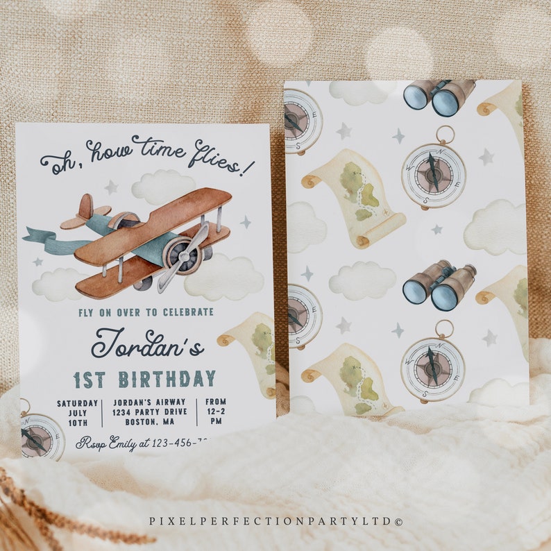 May include: A blue and brown airplane with a blue ribbon flies over clouds. The text "oh, how time flies!" is at the top of the invitation. The text "Fly on over to celebrate Jordan's 1st Birthday" is below the airplane. The invitation includes the date, time, and location of the party. The text "RSVP Emily at 123-456-7" is at the bottom of the invitation.
