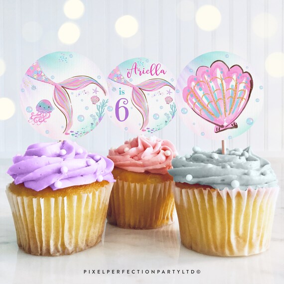 Editable Mermaid Birthday Cupcake Toppers Mermaid Cake Toppers Whimsical Mermaid Under The Sea Tags Topper Instant Download Editable UH1 Il_570xn