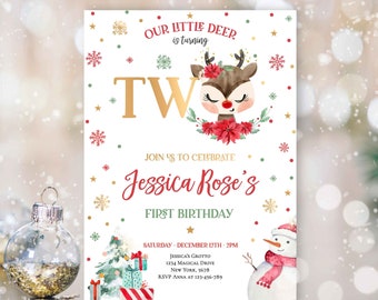 Editable Reindeer Christmas 2nd Birthday Invitation Girl Christmas Reindeer 2nd Birthday Christmas Birthday Party Download Editable RD5