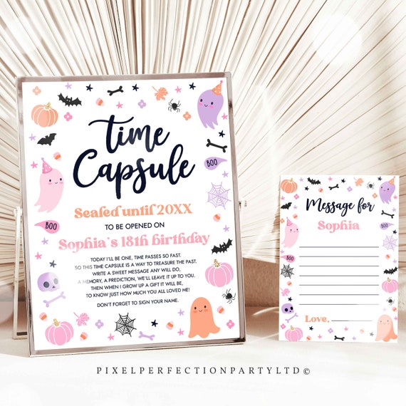 Editable Pink Halloween Ghost Time Capsule + Matching Note Card Pink Ghost Spooky One Spooktacular Halloween Birthday Instant Download F6 Il_570xn