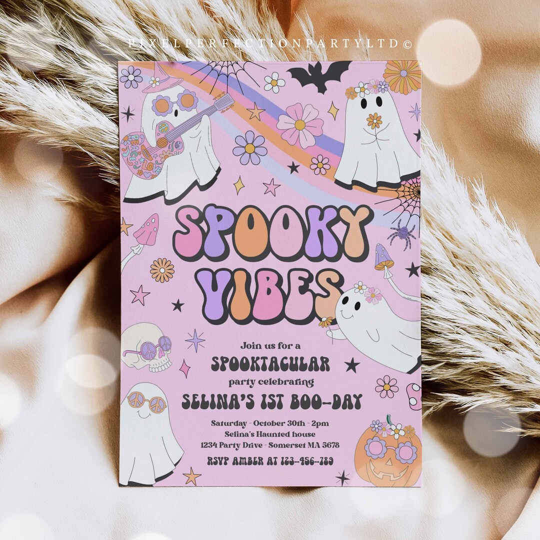 Editable Halloween Spooky Vibes Ghost Birthday Party Invitation Retro ...