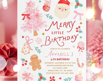 Può includere: Un invito festivo con illustrazioni di un albero di Natale rosa, Babbo Natale e un omino di pan di zenzero. Il testo recita "Merry Little Birthday" e annuncia il 4° compleanno di Annabell il 12 dicembre.
