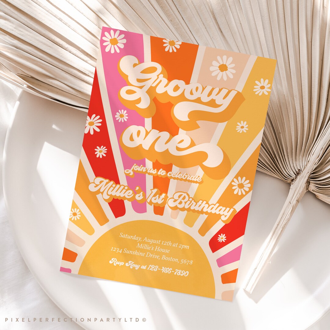Editable Groovy One Birthday Invitation Retro Sunshine Groovy One 1st ...