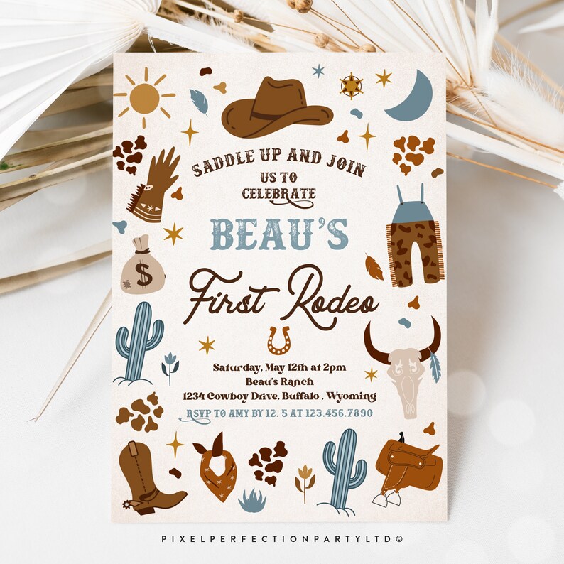 Editable Cowboy Birthday Party Invitation Wild West Cowboy 1st Rodeo Birthday Party Southwestern Ranch Birthday Party Instant