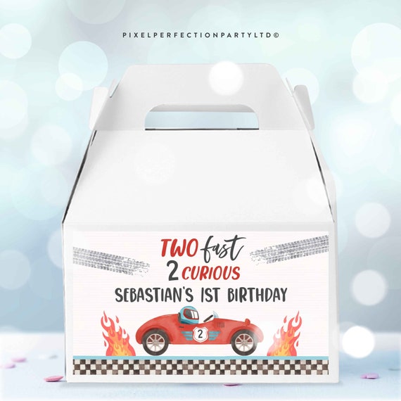 Editable Two Fast Birthday Gable Box Favor Labels Red Race Car.