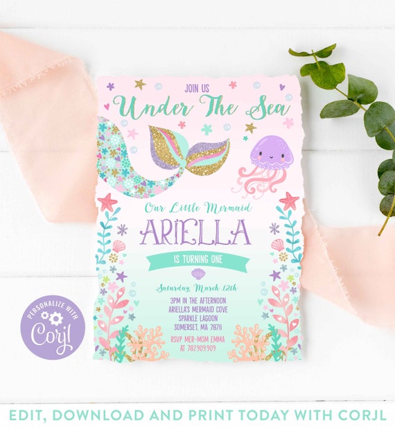 Mermaid Invitation Mermaid Birthday Invitation Under The Sea Birthday Party Whimsical Under The Sea Party Instant Download Editable File 3C Il_570xn