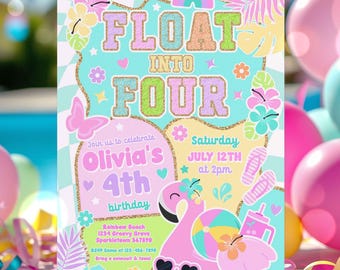 Editable Preppy 4th Birthday Pool Party Invitation Varsity Girl Fashion Float Into Four 4th Birthday Summer Party Instant Download JY7