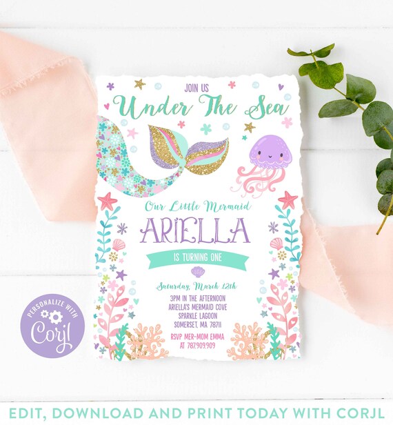 Mermaid Invitation Mermaid Birthday Invitation Under The Sea Birthday Party Whimsical Under The Sea Party Instant Download Editable File 3C Il_570xn